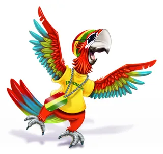 Colorful parrot in Rastafari colors wearing a yellow shirt by Ron Borresen