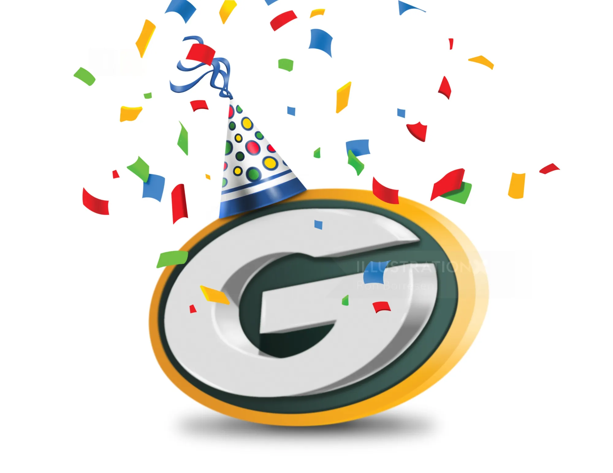 Logo der Green Bay Packers mit Partyhut und buntem Konfetti