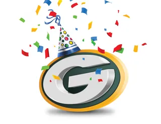 Green Bay Packers logo with party hat and colorful confetti