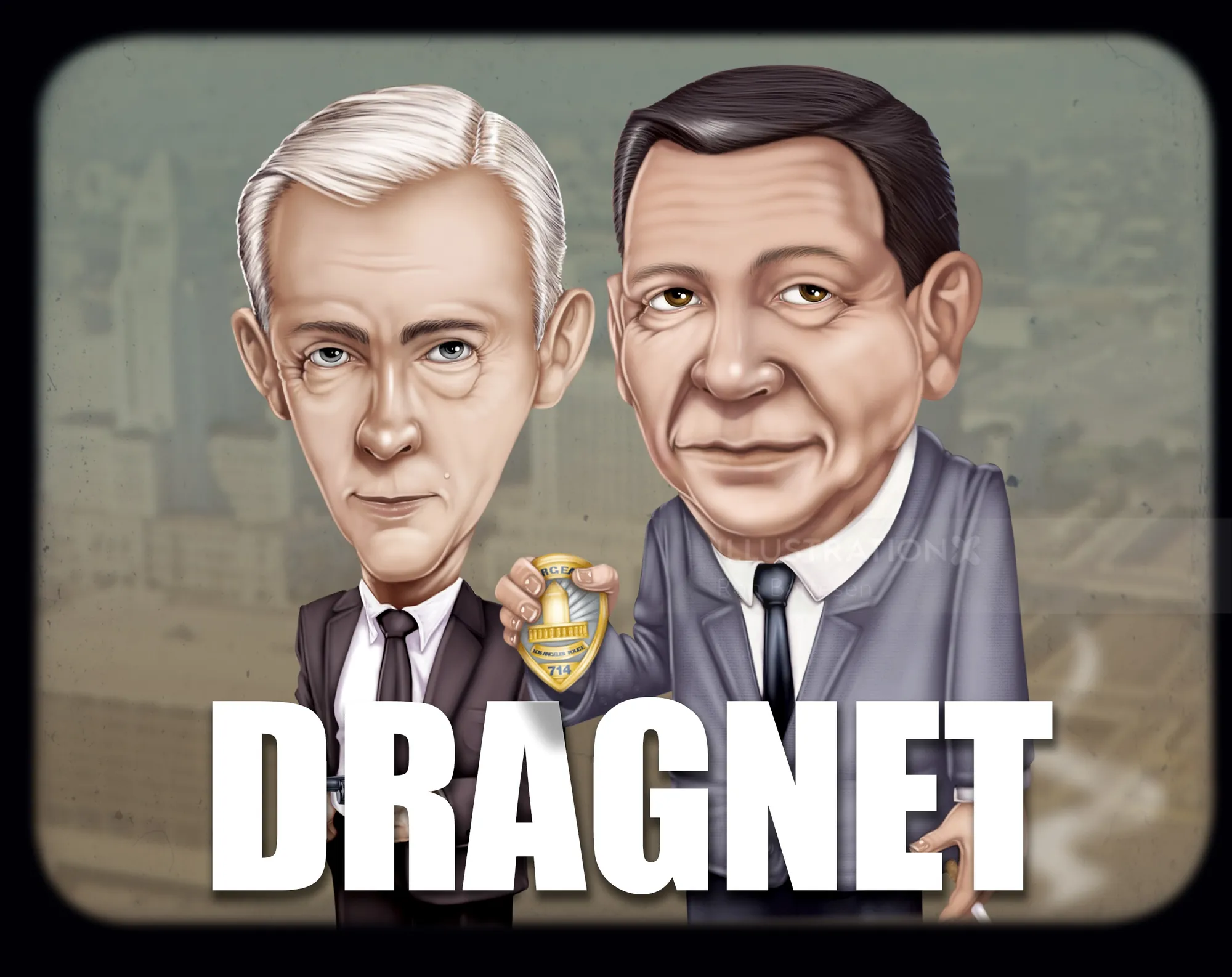 Caricature of two detectives holding badge with Dragnet text