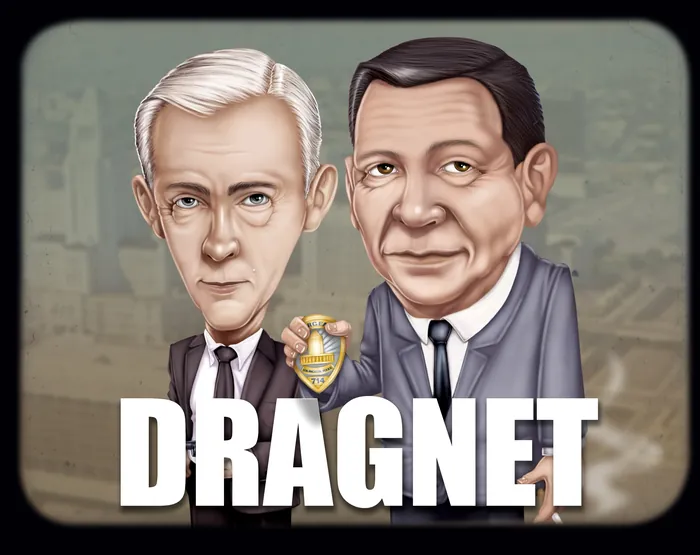 Caricature of two detectives holding badge with Dragnet text