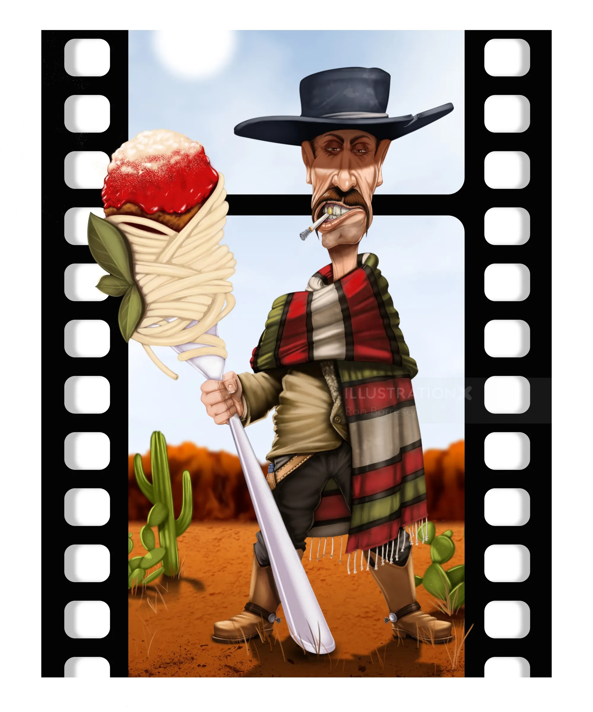 Cowboy de desenho animado segurando espaguete com almôndegas no deserto