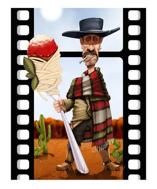 Cartoon cowboy holding spaghetti with meatball in desert