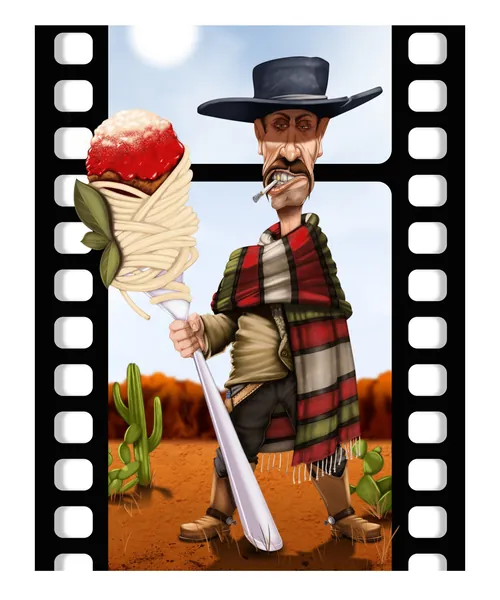 Cartoon cowboy holding spaghetti with meatball in desert