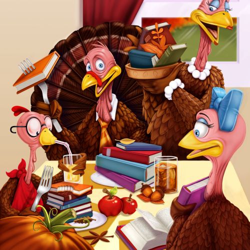 Cartoon turkeys reading books near a window with autumn scene