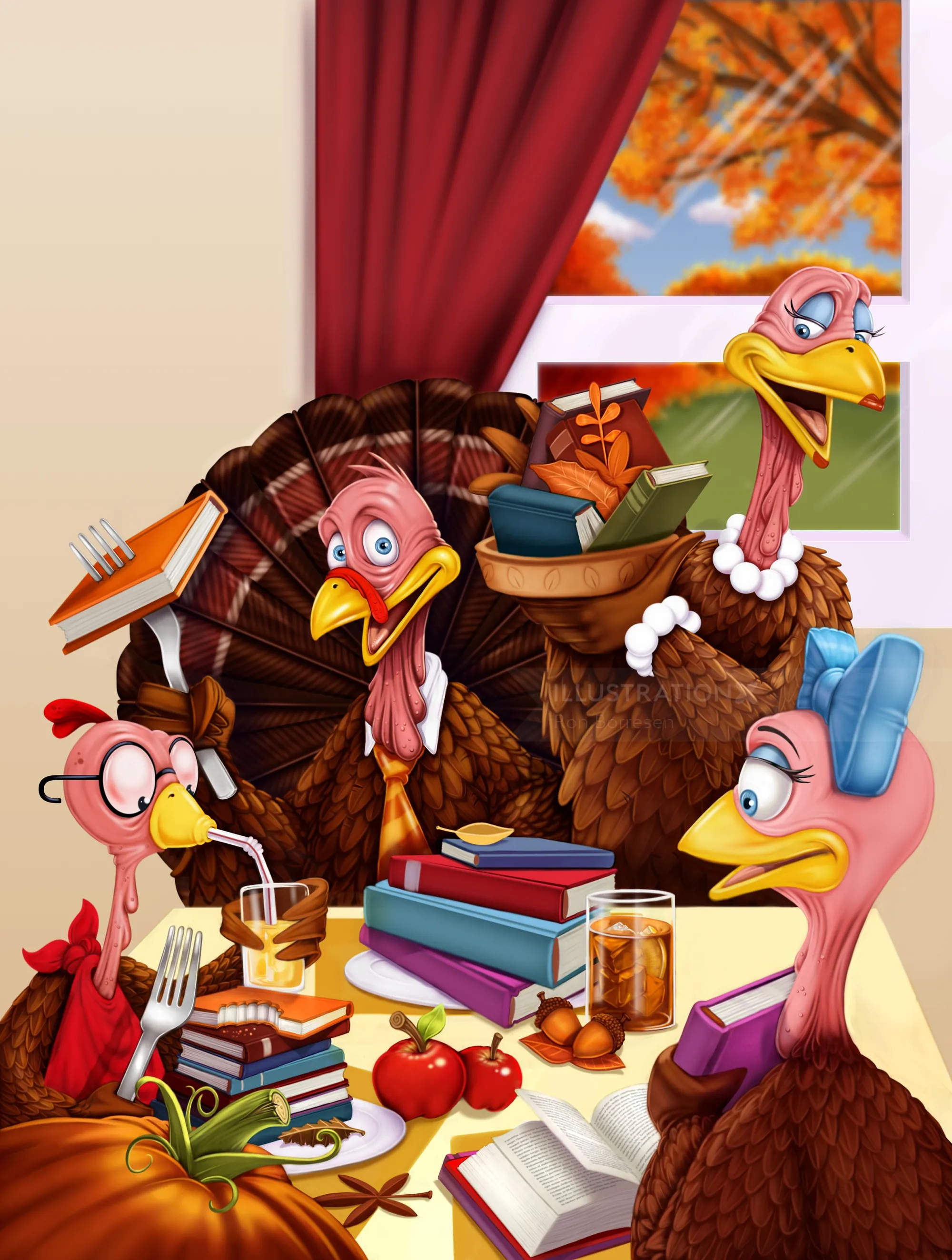 Cartoon-Truthähne lesen Bücher an einem Fenster mit Herbstszene