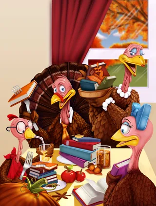 Cartoon turkeys reading books near a window with autumn scene