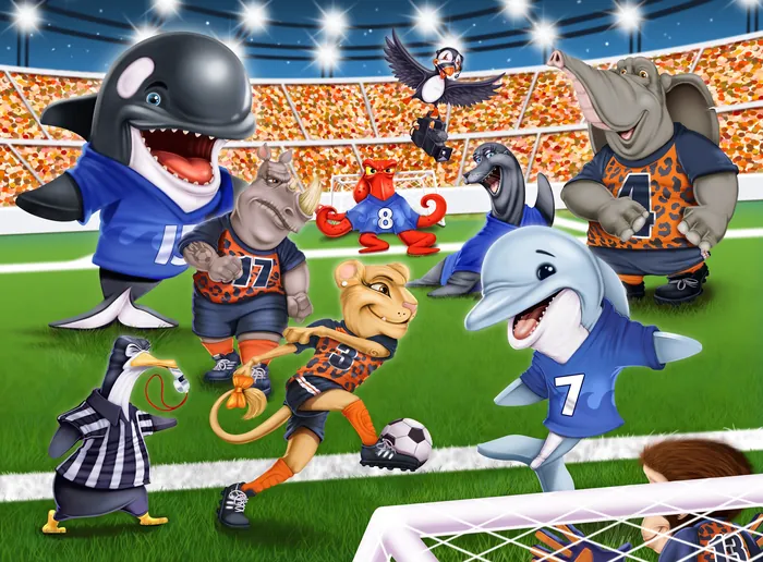 Animated sea animals playing soccer in stadium with goal and crowd