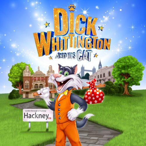 Cartoon cat in orange overalls standing on a path near Hackney sign