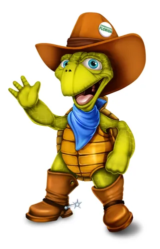 Happy cartoon turtle cowboy wearing hat, boots, and bandana waving