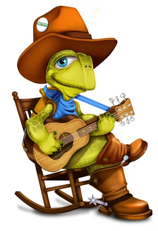 Turtle in cowboy attire playing a guitar while sitting on a rocking chair