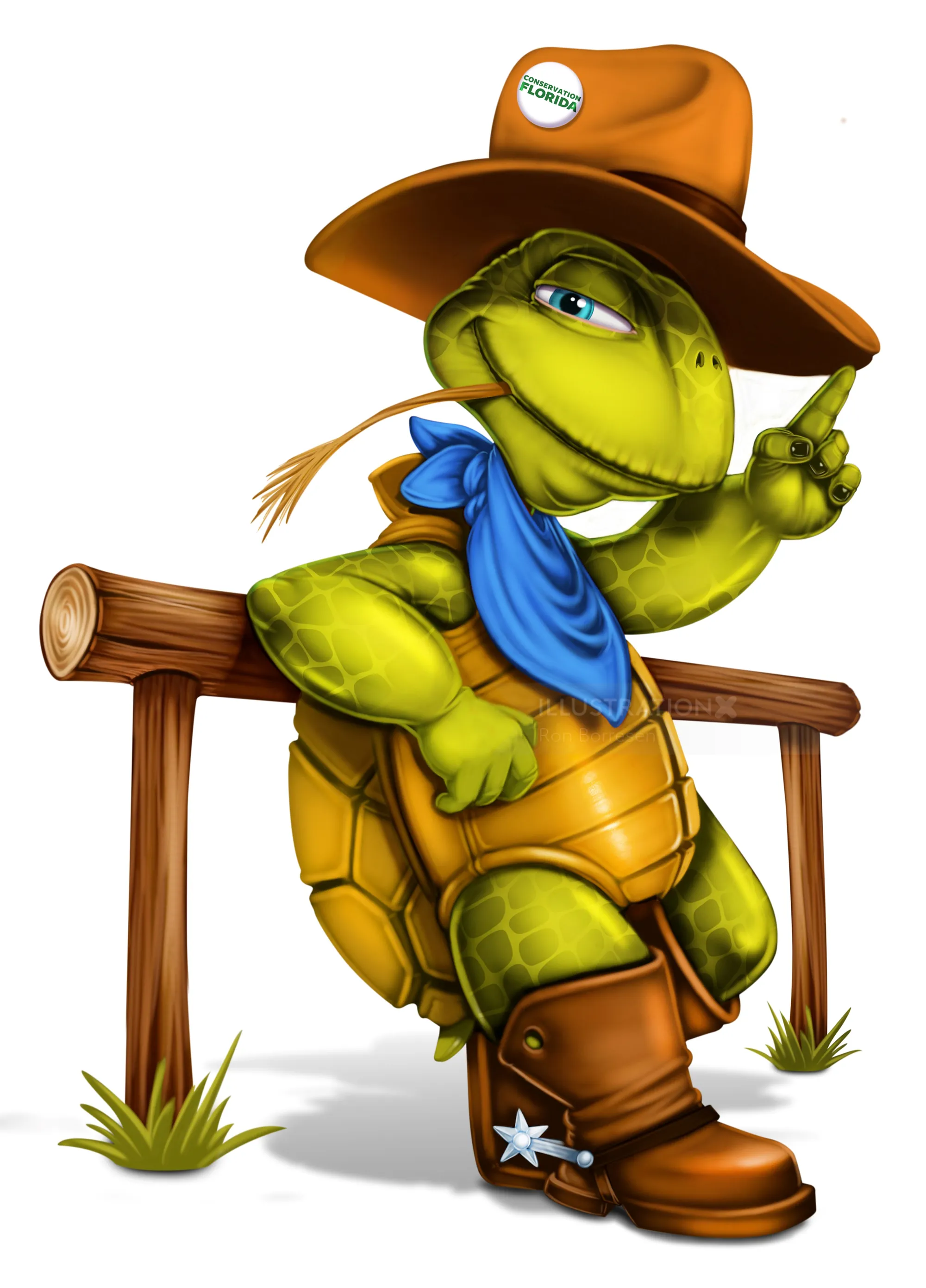 Tortue de dessin animé portant un chapeau de cow-boy, des bottes et un bandana bleu