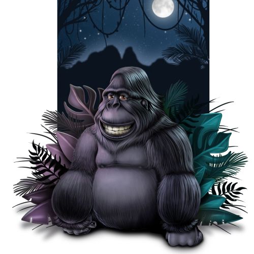 Smiling gorilla sitting at night with full moon and jungle foliage