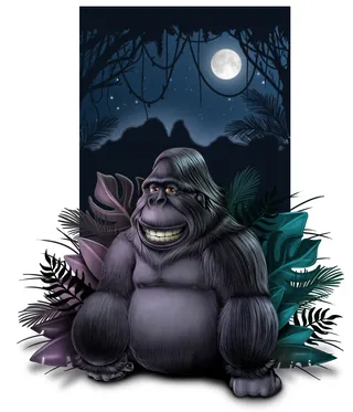 Smiling gorilla sitting at night with full moon and jungle foliage