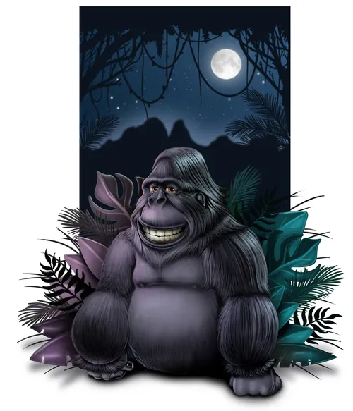 Smiling gorilla sitting at night with full moon and jungle foliage