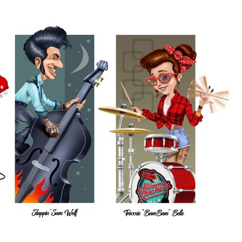 Cartoon trio playing guitar, bass, and drums in retro style