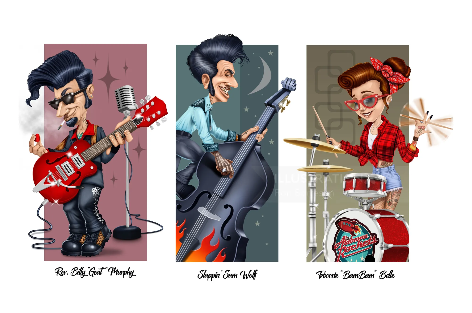 Ein Cartoon-Trio spielt Gitarre, Bass und Schlagzeug im Retro-Stil.