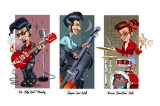 Cartoon trio playing guitar, bass, and drums in retro style