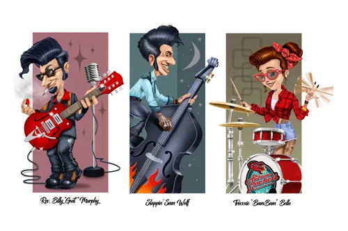 Cartoon trio playing guitar, bass, and drums in retro style
