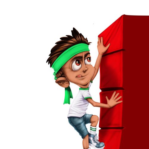 Boy climbing a red ninja warrior wall with determination