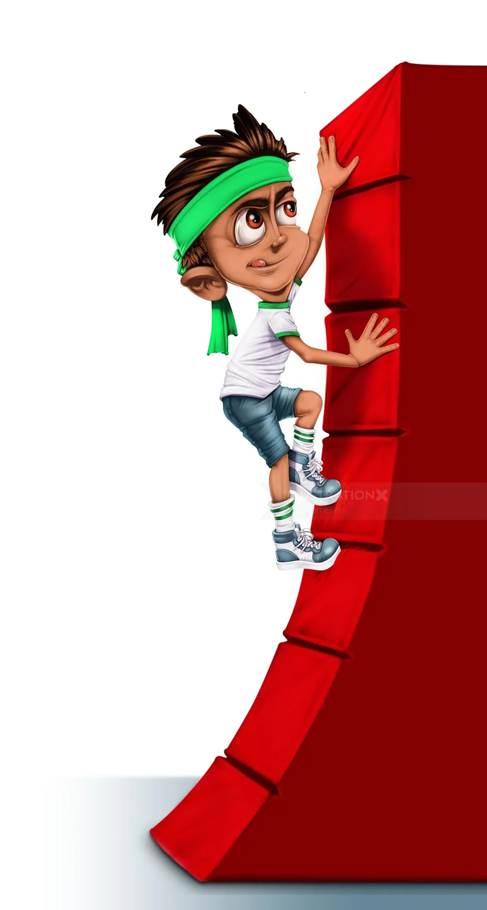 Ein Junge klettert entschlossen eine rote Ninja-Krieger-Wand hinauf.