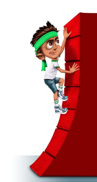 Boy climbing a red ninja warrior wall with determination