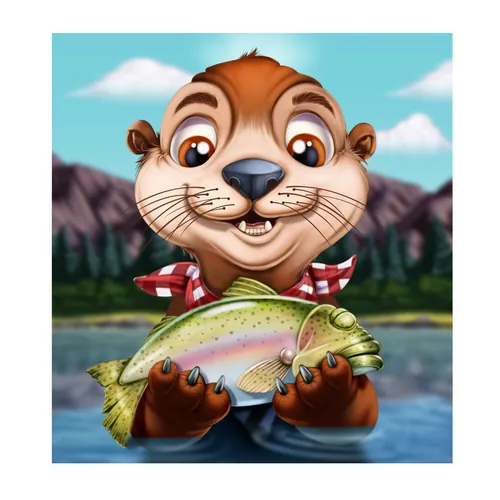 Happy cartoon otter holding a large rainbow trout fish