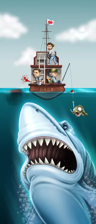 Large shark approaches boat with three people fishing on calm sea