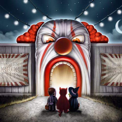 Three children approach a glowing clown funhouse entrance at night, artist Ron Borresen