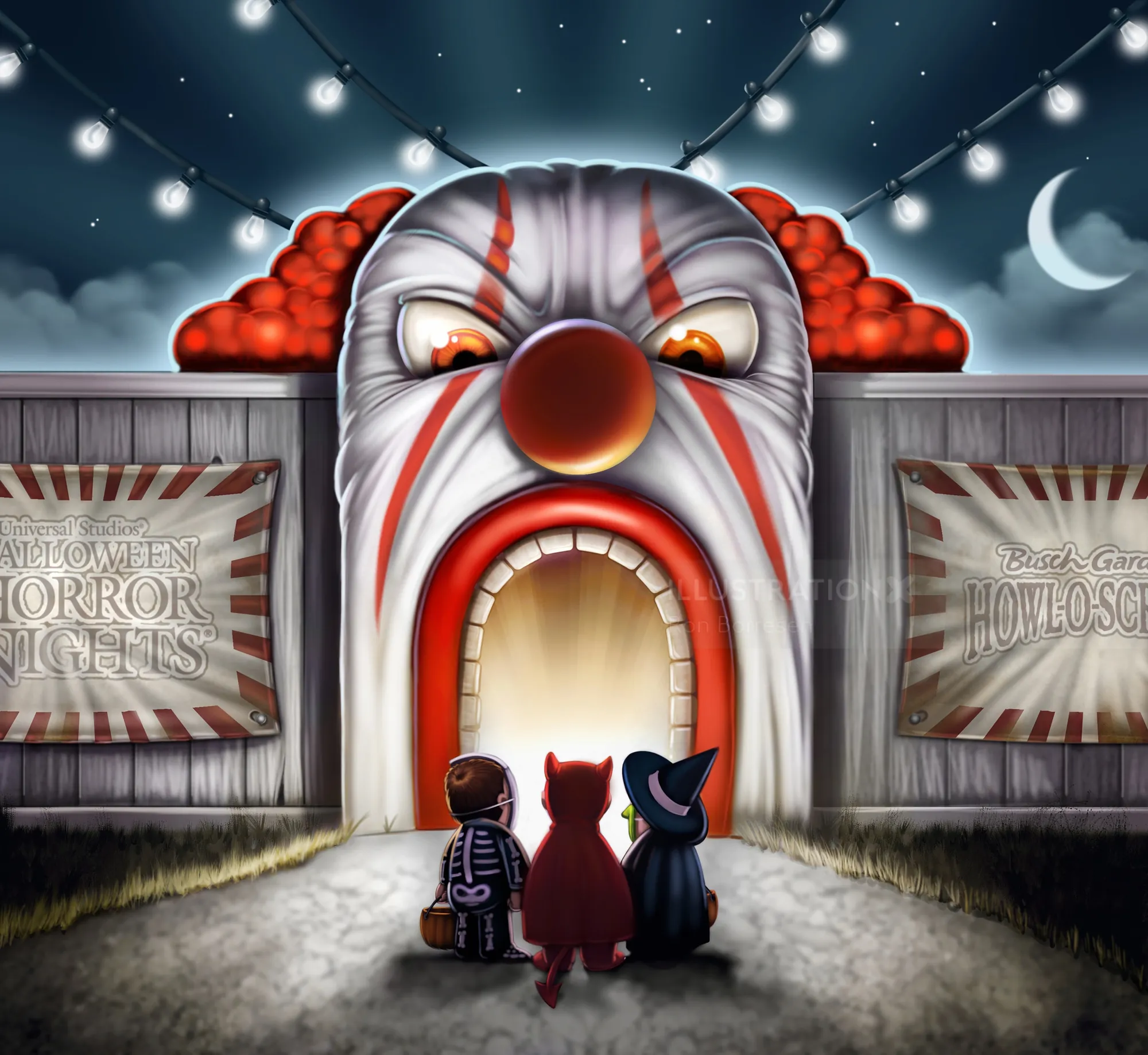 Three children approach a glowing clown funhouse entrance at night, artist Ron Borresen
