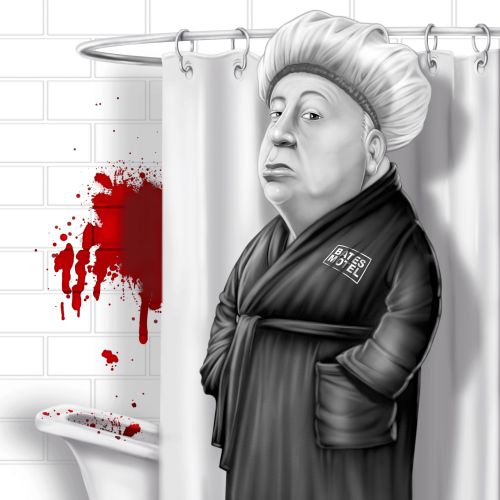 Illustration of Alfred Hitchcock in a bathrobe near a blood-splattered bathtub by Ron Borresen
