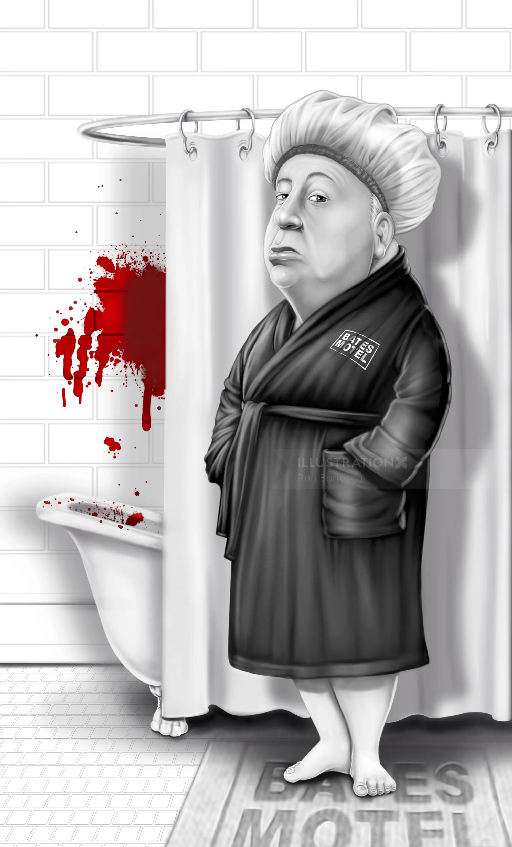 Illustration of Alfred Hitchcock in a bathrobe near a blood-splattered bathtub by Ron Borresen