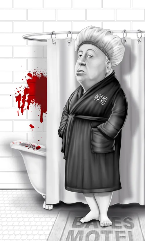 Illustration of Alfred Hitchcock in a bathrobe near a blood-splattered bathtub by Ron Borresen