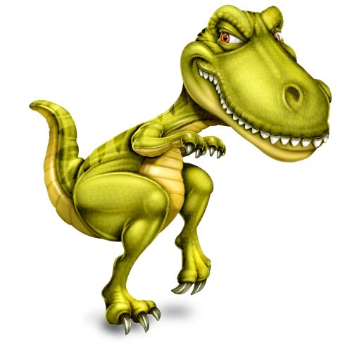 Ron Borresen illustration of a playful green T-Rex tiptoeing