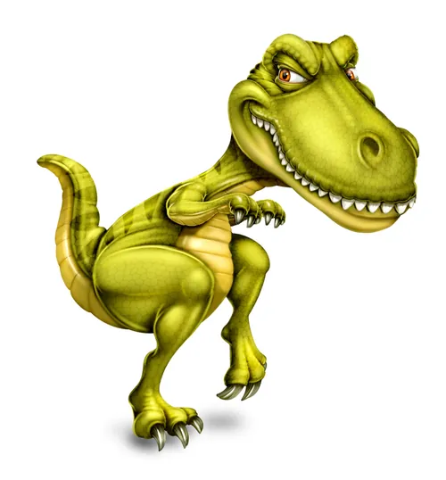 Ilustración de un T-Rex verde juguetón caminando de puntillas