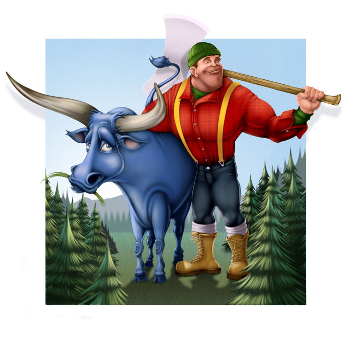 Paul Bunyan and Babe the big blue ox graphic art