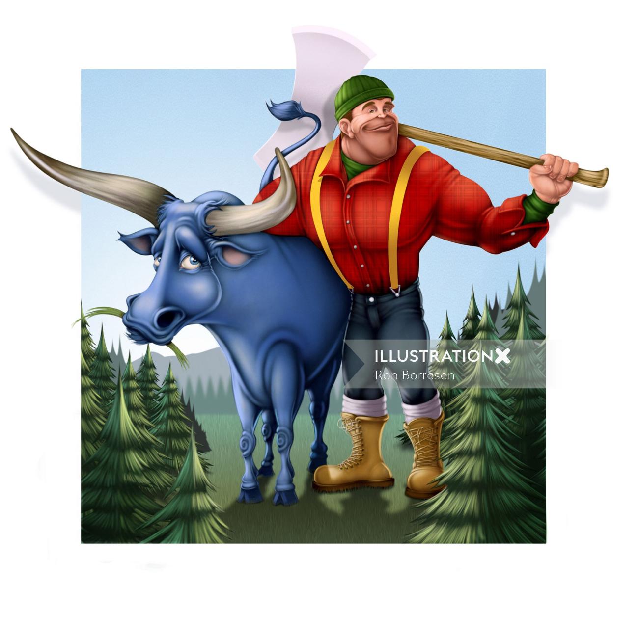 Arte gráfico de Paul Bunyan y Babe the big blue ox