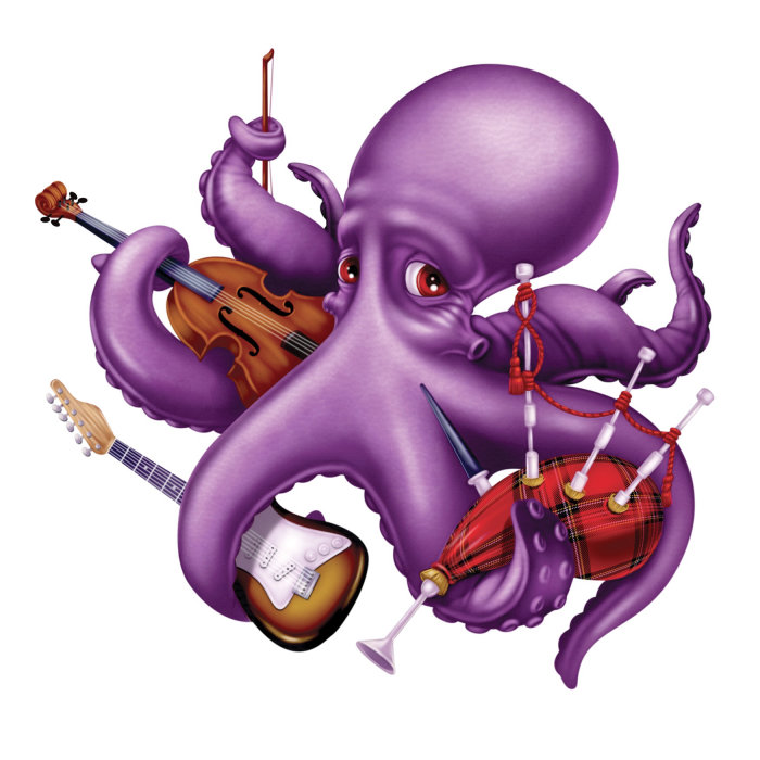 Cartoon octopus playing music illustration by Ron Borresen