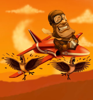 Comic art of Pilot on plane - hit the birds illustration