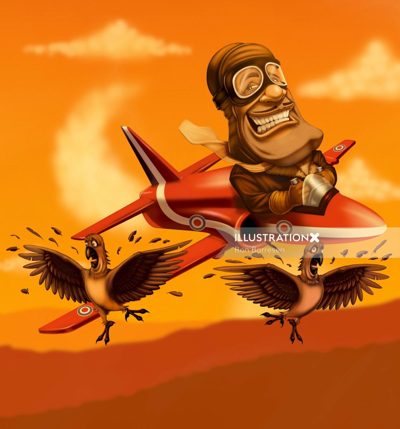 Comic art of Pilot on plane - hit the birds illustration