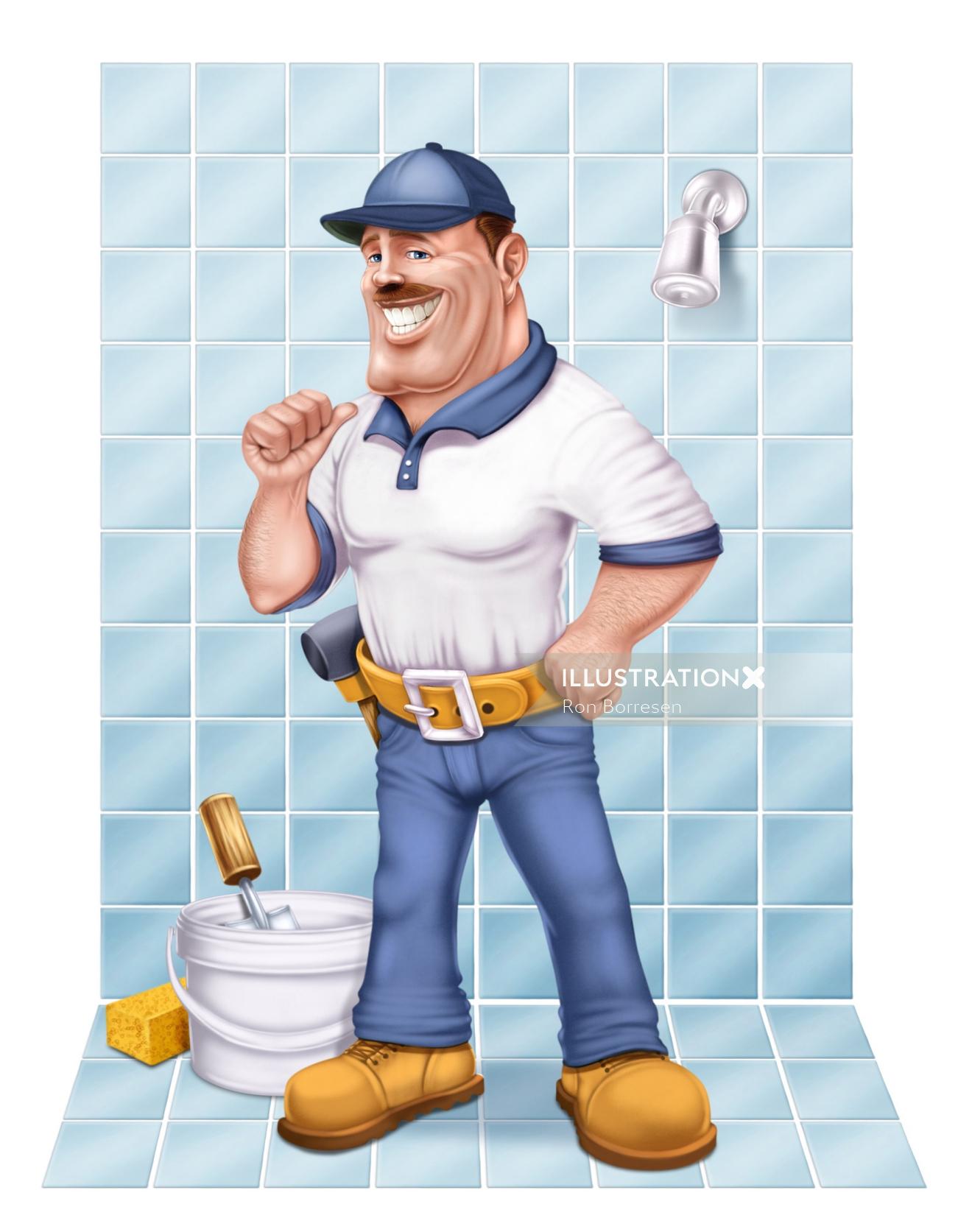 Homem de desenho animado limpando banheiro