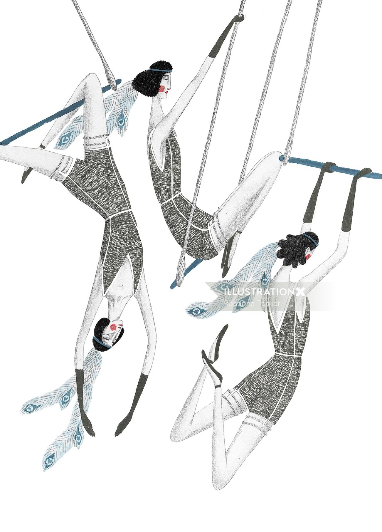 Illustration of circus trapeze swingers