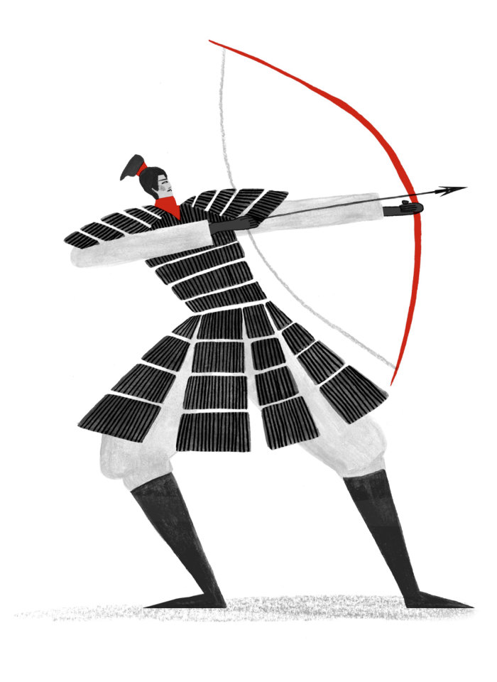 Black and white drawing of chinese warrior