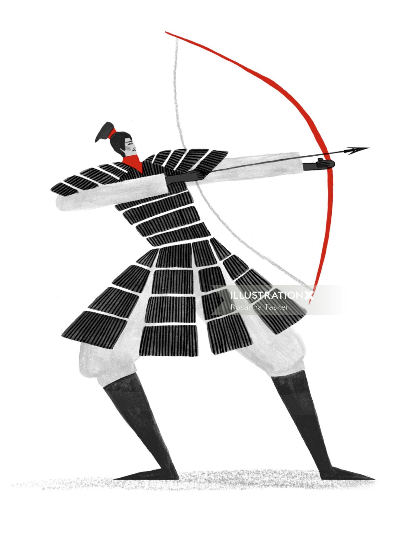 Black and white drawing of chinese warrior