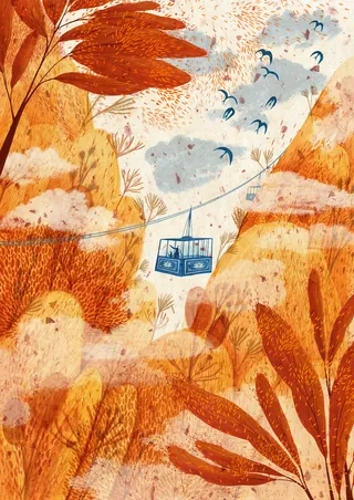 cable car, sky, air, high, hill, hills, mountains, trees, autumn, seasons, tourism