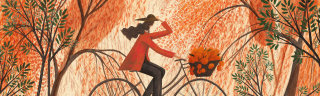 Pintura em aquarela de uma mulher andando de bicicleta