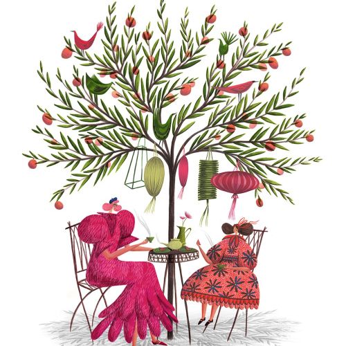 Illustration of two women sitting beneath a decorative tree with lanterns by Rosanna Tasker