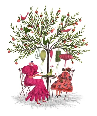 Illustration of two women sitting beneath a decorative tree with lanterns by Rosanna Tasker