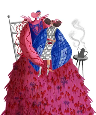 Stylish women embracing in colorful patterned cloaks with a steaming teapot by their side by Rosanna