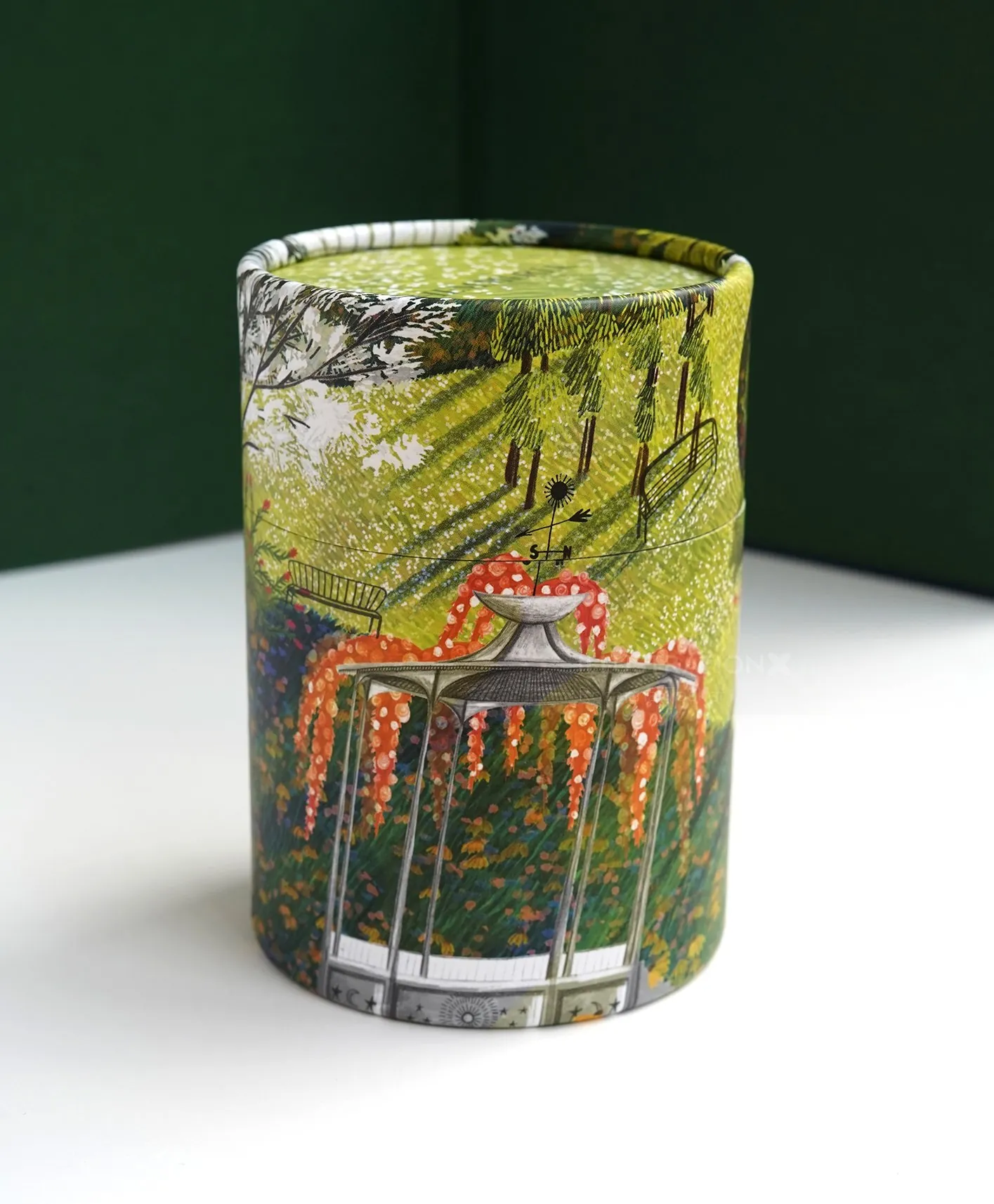 Ceramic cylinder vase with painted landscape design by Rosanna Tasker